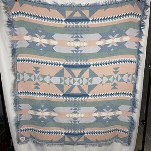 Southwestern Inspired Tapestry Throw Blanket Blue Pink 48 x 56 Boho Aztec USA